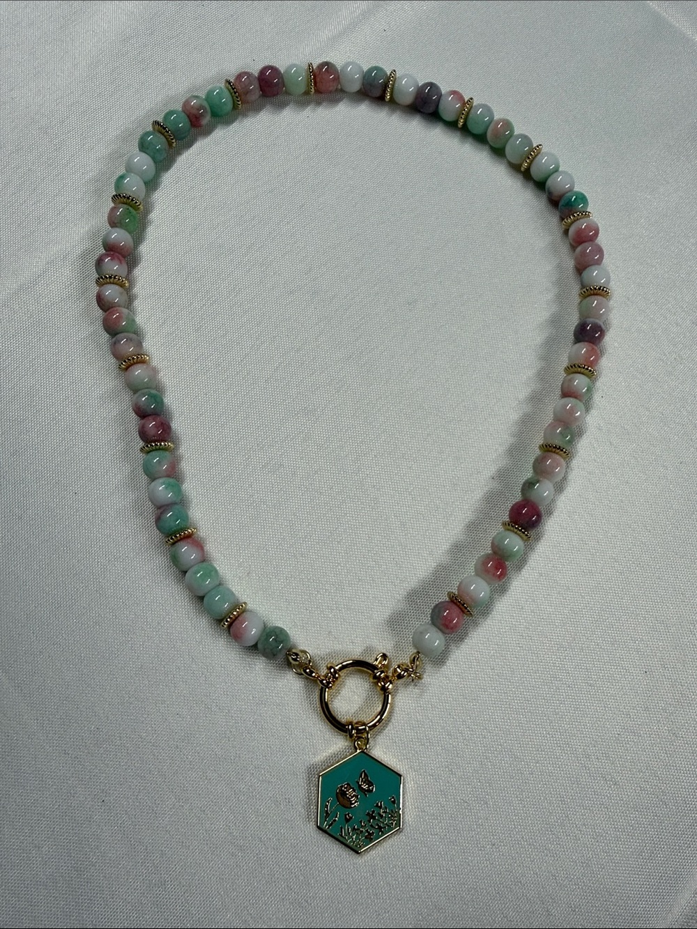 Multicolor Beaded Necklace with Gold Hexagon Charm